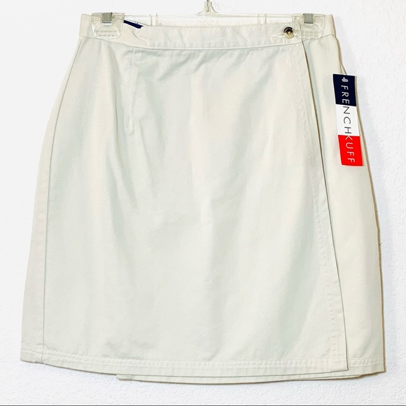 NEW Size 12 French Kuff 90s Beige Khaki Tortoiseshell Button Wrap Mini Skirt - Picture 1 of 11